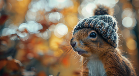 A cute squirrel wearing a gray knitted hat with a pompom on top, looking at the camera.の素材