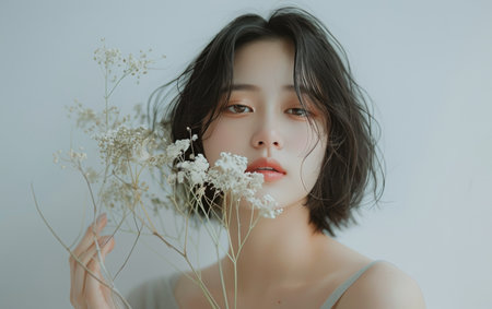 A portrait of a young woman with short black hair, posing with white flowers in front of a light blue background.の素材