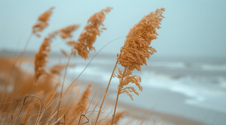 A close-up photo of tall grass blowing in the wind on a foggy day near a coastline.の素材