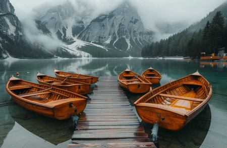 Two wooden boats are moored at a wooden dock on a misty lake. Mountains are in the background.の素材