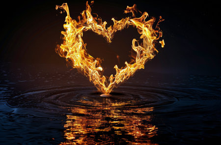 A close-up shot of a rope burning in a heart shape, with smoke and flames against a dark background.の素材