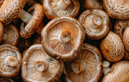 A close-up shot of fresh brown mushrooms.の素材