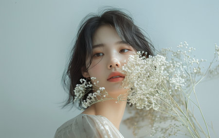 A portrait of a young woman with short black hair, posing with white flowers in front of a light blue background.の素材
