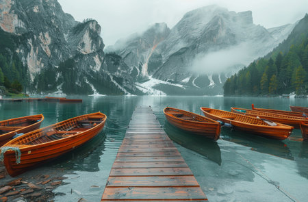 Two wooden boats are moored at a wooden dock on a misty lake. Mountains are in the background.の素材