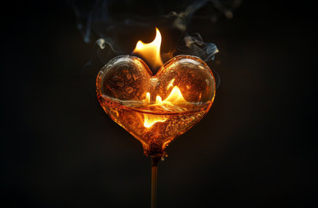 A close-up shot of a rope burning in a heart shape, with smoke and flames against a dark background.の素材