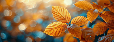 Closeup image of vibrant yellow leaves with a blurred background of bokeh circles.の素材
