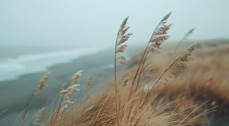 A close-up photo of tall grass blowing in the wind on a foggy day near a coastline.の素材