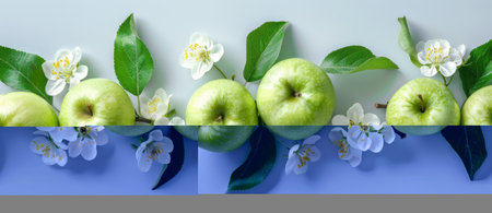 Green apples and white blossoms arranged in a row on a white surface.の素材