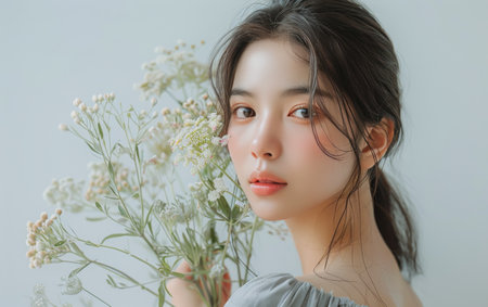 A portrait of a young woman with short black hair, posing with white flowers in front of a light blue background.の素材