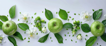 Green apples and white blossoms arranged in a row on a white surface.の素材
