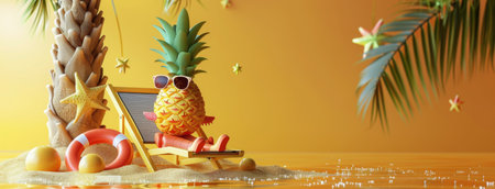 A 3D illustration of a pineapple wearing sunglasses and relaxing on a beach chair with a life ring.の素材