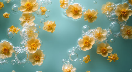 Bright yellow flowers are gracefully floating on a clear blue surface, surrounded by gentle bubbles. This tranquil setting evokes a feeling of calm and beauty in nature.の素材