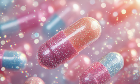 Glittery capsules in shades of pink and blue float in a dreamy setting filled with soft sparkles, creating an enchanting and vibrant atmosphere that captures attention and imagination.の素材