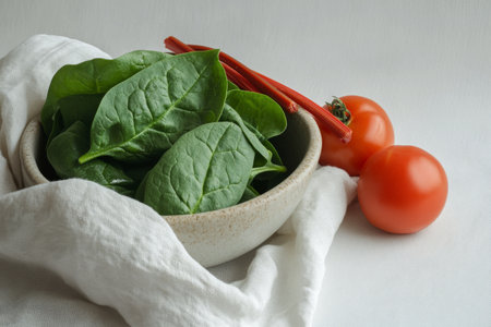 A bowl filled with vibrant spinach leaves and plump tomatoes rests on a soft cloth. Fresh rhubarb stalks add a pop of color, creating a wholesome culinary arrangement.の素材
