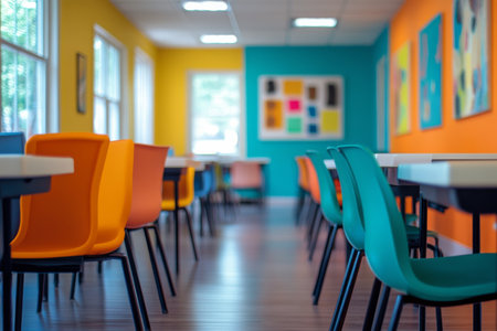 The coworking environment features bright, colorful walls and various workstations equipped with laptops. Plants add freshness to the inviting workspace designed for collaboration and creativity.の素材