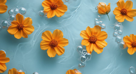 Bright yellow flowers are gracefully floating on a clear blue surface, surrounded by gentle bubbles. This tranquil setting evokes a feeling of calm and beauty in nature.の素材