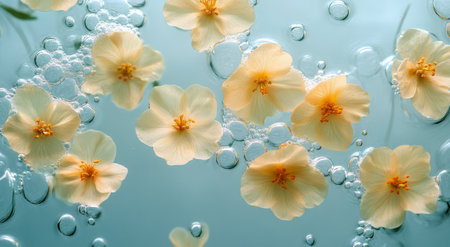 Bright yellow flowers are gracefully floating on a clear blue surface, surrounded by gentle bubbles. This tranquil setting evokes a feeling of calm and beauty in nature.の素材