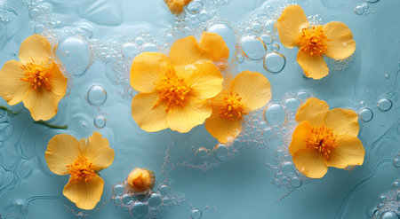 Bright yellow flowers are gracefully floating on a clear blue surface, surrounded by gentle bubbles. This tranquil setting evokes a feeling of calm and beauty in nature.の素材