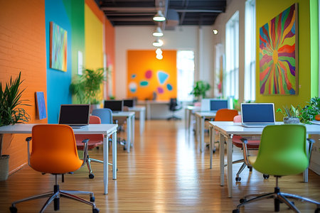 The coworking environment features bright, colorful walls and various workstations equipped with laptops. Plants add freshness to the inviting workspace designed for collaboration and creativity.の素材
