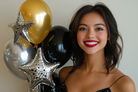 A joyful young woman wearing a sparkling black dress holds black and gold balloons while smiling broadly. She is adorned with elegant earrings, creating a festive atmosphere during a celebration.の素材