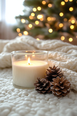 A warm candle flickers next to pine cones and twine, resting on a soft knit blanket. The background glows with soft lights, creating a cozy and inviting atmosphere perfect for winter.の素材