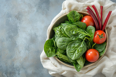A bowl filled with vibrant spinach leaves and plump tomatoes rests on a soft cloth. Fresh rhubarb stalks add a pop of color, creating a wholesome culinary arrangement.の素材