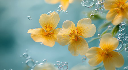Soft yellow flowers float elegantly in clear water, with tiny bubbles rising around them, creating a tranquil and refreshing ambiance. The gentle movement enhances the calming scene.の素材