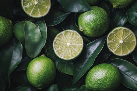 Three vibrant green limes, one cut in half, are displayed alongside lush green leaves on a clean white surface. The natural light highlights their fresh and juicy appearance.の素材