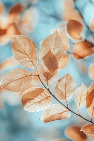Delicate leaves in shades of golden orange catch sunlight, creating a warm glow. They stand out vividly against a soft blue background, capturing the beauty of autumn in nature.の素材