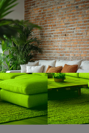 A modern living area features a large, comfortable sofa adorned with various cushions. Natural plants and a wooden coffee table complement the warm brick wall, creating an inviting atmosphere.の素材