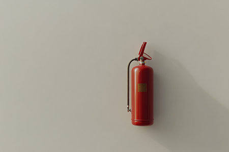 A red fire extinguisher is securely mounted on a simple wall in a contemporary building, emphasizing the importance of fire safety measures in public spaces.の素材