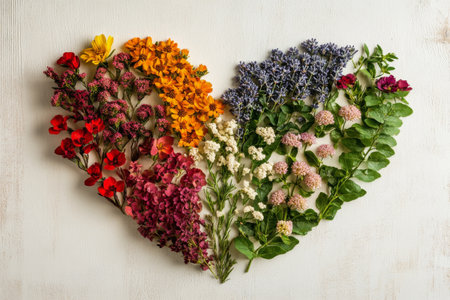A heart shaped design is created using a variety of vibrant flowers and green leaves. This floral arrangement showcases springs beauty, perfect for decorations or gifts.の素材