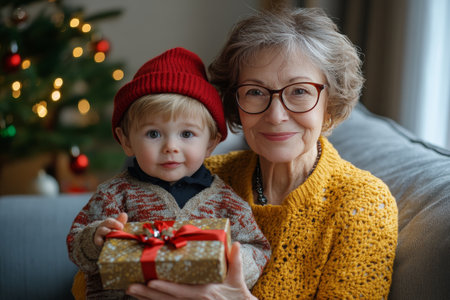 A grandmother and her young grandson sit together on a couch, smiling happily while holding a wrapped present. The cozy setting features a decorated Christmas tree in the background.の素材