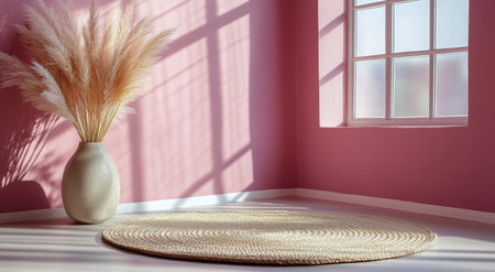 A warm and inviting corner features a vase of pampas grass beside a woven rug on a light floor. Soft sunlight filters through the window, casting gentle shadows on the pink wall.の素材