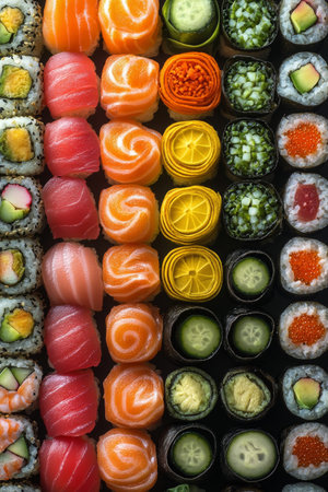 A vibrant variety of sushi rolls is displayed on a black platter, featuring ingredients like fresh fish, vegetables, and decoratively arranged garnishes. The colorful spreads invite enjoyment.の素材