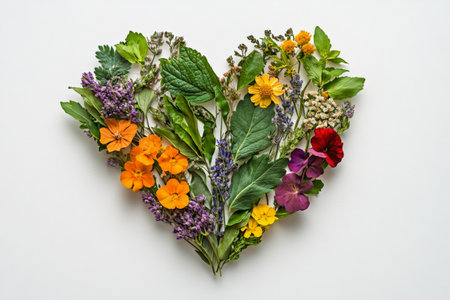 A heart shaped design is created using a variety of vibrant flowers and green leaves. This floral arrangement showcases springs beauty, perfect for decorations or gifts.の素材