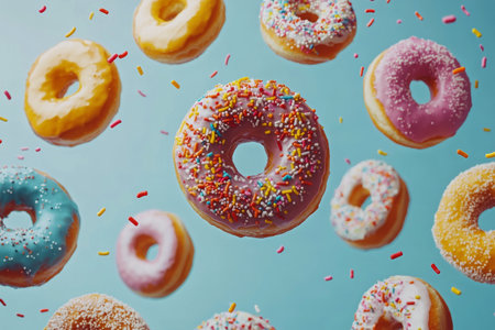A vibrant display of assorted donuts with pink and orange icing is captured mid air, surrounded by a sprinkle of powdered sugar, creating a joyful and whimsical atmosphere.の素材