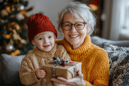 A grandmother and her young grandson sit together on a couch, smiling happily while holding a wrapped present. The cozy setting features a decorated Christmas tree in the background.の素材