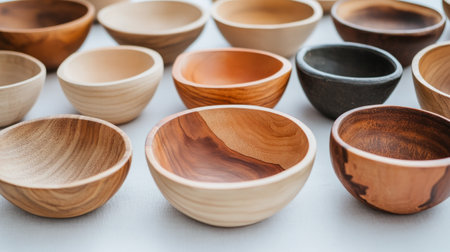 Various handcrafted wooden bowls are arranged neatly on a surface, showing diverse colors and textures. Each bowl represents unique craftsmanship and natural materials.の素材