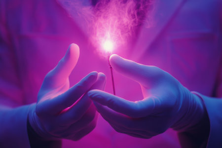 Two gloved hands are reaching toward each other, transferring a bright light surrounded by an enchanting purple mist, creating a sense of magic and energy connection between them.の素材