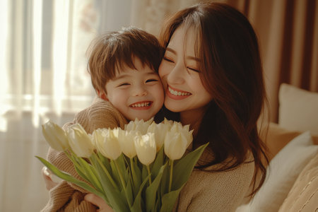 A cheerful young woman holds a bouquet of bright orange and yellow tulips close to her chest, smiling warmly. Sunlight shines softly through the window, creating a cozy atmosphere.の素材