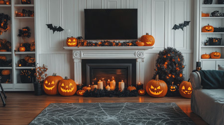 The living room is warmly lit with glowing candles and carved pumpkins, creating a cozy atmosphere for autumn. Halloween decorations enhance the inviting space, showcasing seasonal charm.の素材