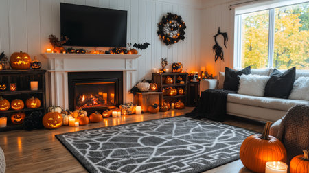 The living room is warmly lit with glowing candles and carved pumpkins, creating a cozy atmosphere for autumn. Halloween decorations enhance the inviting space, showcasing seasonal charm.の素材
