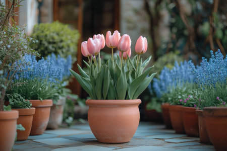A cluster of pink tulips stands proudly in a terracotta pot, surrounded by vibrant blue flowers in a tranquil garden. Lush greenery enhances the peaceful atmosphere of the outdoor space.の素材