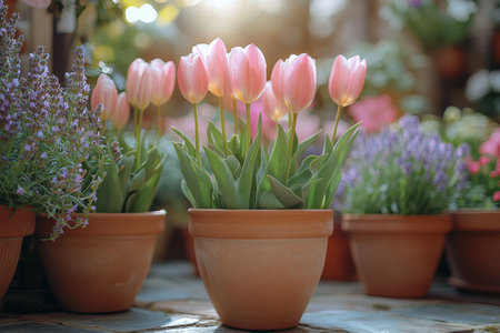 A cluster of pink tulips stands proudly in a terracotta pot, surrounded by vibrant blue flowers in a tranquil garden. Lush greenery enhances the peaceful atmosphere of the outdoor space.の素材