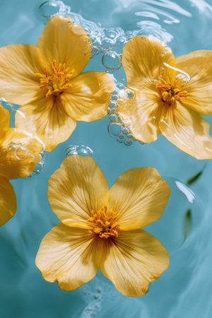 Soft yellow flowers rest on a serene blue surface, gently bobbing among bubbles. The calm environment enhances the beauty of the blossoms, creating a peaceful atmosphere in nature.の素材