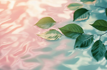 A collection of green and teal leaves is artistically spread across a pale pastel background, creating a calming atmosphere. The leaves vary in shape and size, showing natural beauty.の素材