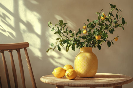 A yellow vase holds fresh lemons and vibrant green leaves, placed on a wooden table. Sunlight casts soft shadows, creating a warm and inviting atmosphere in the room.の素材