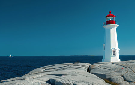 A white lighthouse stands tall on a rocky coastline against a backdrop of a clear blue sky and white clouds.の素材