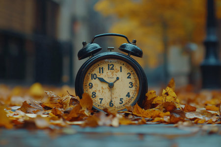 An old fashioned alarm clock sits among colorful autumn leaves on a city sidewalk. The early morning light casts a gentle glow, highlighting the seasonal beauty and tranquility.の素材